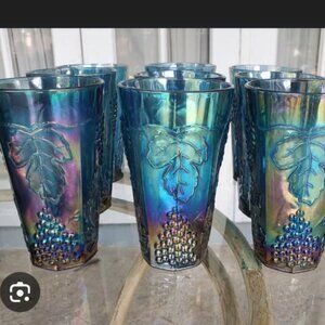 Vintage Indiana Glass Harvest Blue Carnival Glass tumblers - set of 6